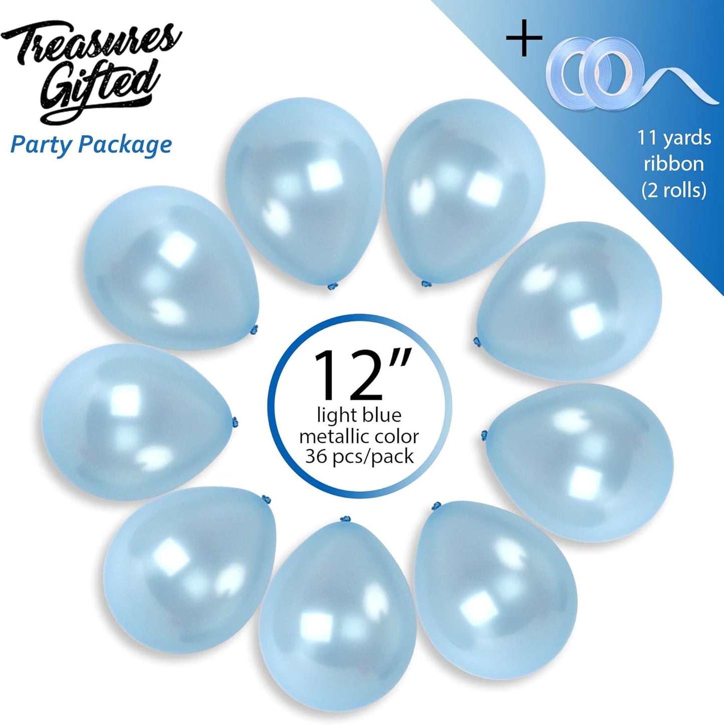 12 Inch 36 Treasures Gifted Metallic Light Blue Balloons - Baby Blue Balloons, Pastel Blue Balloons - Pastel Latex