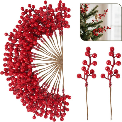 50pack NBGV Christmas Tree Decorations Artificial Berry Stems Red Berry Picks for Xmas Winter Party Holiday Flower