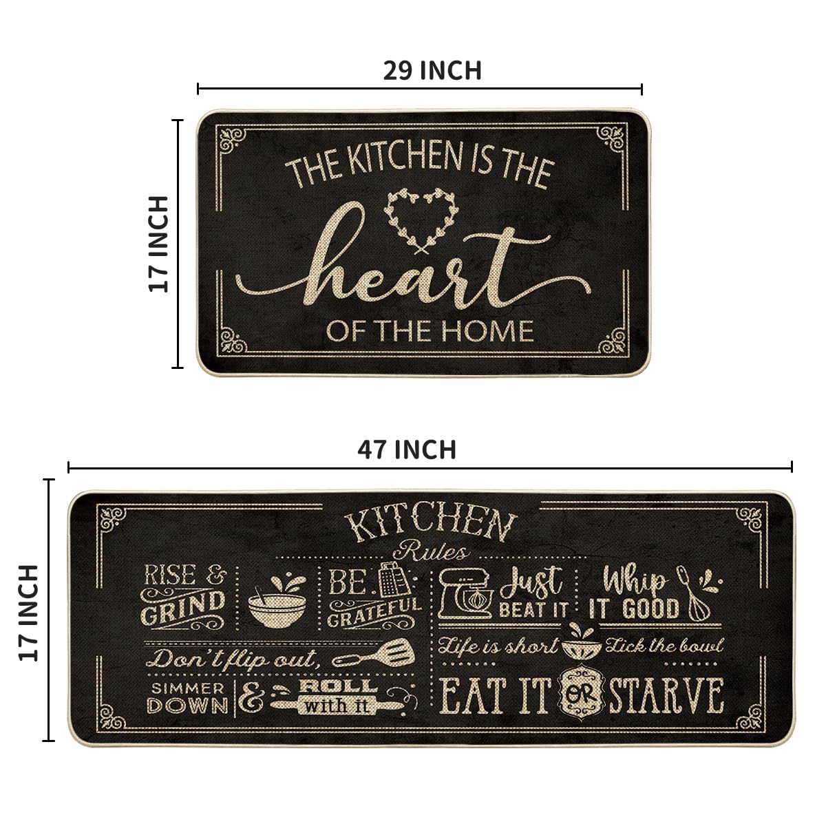 Artoid Mode Black Cooking Sets Kitchen Mats Set of 2, Seasonal The Kitchen is The Heart of The Home Holiday Party Low-Profile Floor Mat for Home Kitchen - 17x29 and 17x47 Inch
