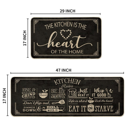 Artoid Mode Black Cooking Sets Kitchen Mats Set of 2, Seasonal The Kitchen is The Heart of The Home Holiday Party Low-Profile Floor Mat for Home Kitchen - 17x29 and 17x47 Inch