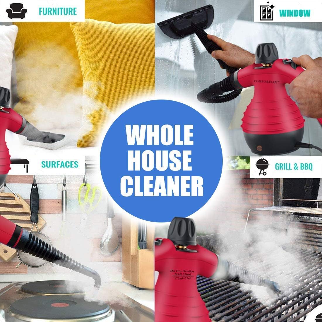Comforday Handheld Steam Cleaner, Multi-Purpose Pressurized with 9-Piece Accessory Kit for Stain Removal