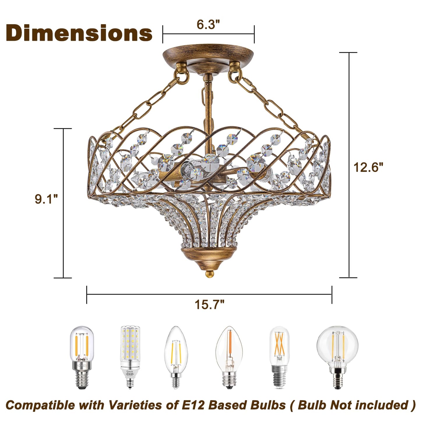 Yezgge 15.7" Vintage Semi Flush Mount Ceiling Light,Antique Gold Crystal Basket Chandelier,3-Light Rustic Metal Ceiling Light Fixture for Dining Room,Kitchen,Bedroom,Foyer,Hallway