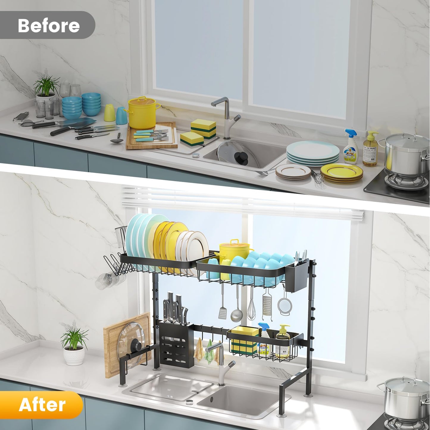 MERRYBOX Over The Sink Dish Drying Rack, 2-Tier Height:20.7in,Length:25.6-33.5in Adjustable,Stainless Steel Dish Drainer with Cutting Board Holder,Large Kitchen Dish Rack Counter Organizer Space Saver