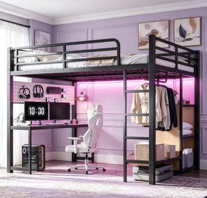 Bellemave Queen Size Loft Bed with Desk,with USB Ports, Lights, and Hanging Rod, Cave Board Design, Metal Queen Loft Bed Frame for Adults, Kids, Teens, Black