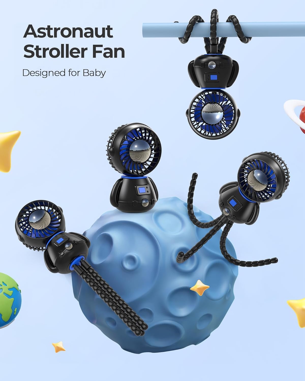 Koonie Astronaut Portable Stroller Fan, Baby-Safe Clip-on with Detachable Flexible Tripod, Rechargeable Battery