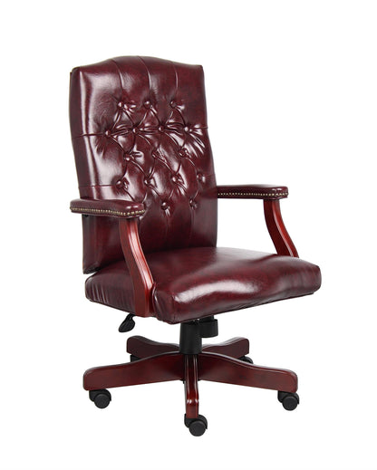 Pemberly Row High Back Executive Chair, Faux Leather with Tufted Design, Oxblood Finish, Mahogany Wood Frame, Height Adjustable with Rolling Casters, Padded Armrests, Office Chair 27" W x 28" D x