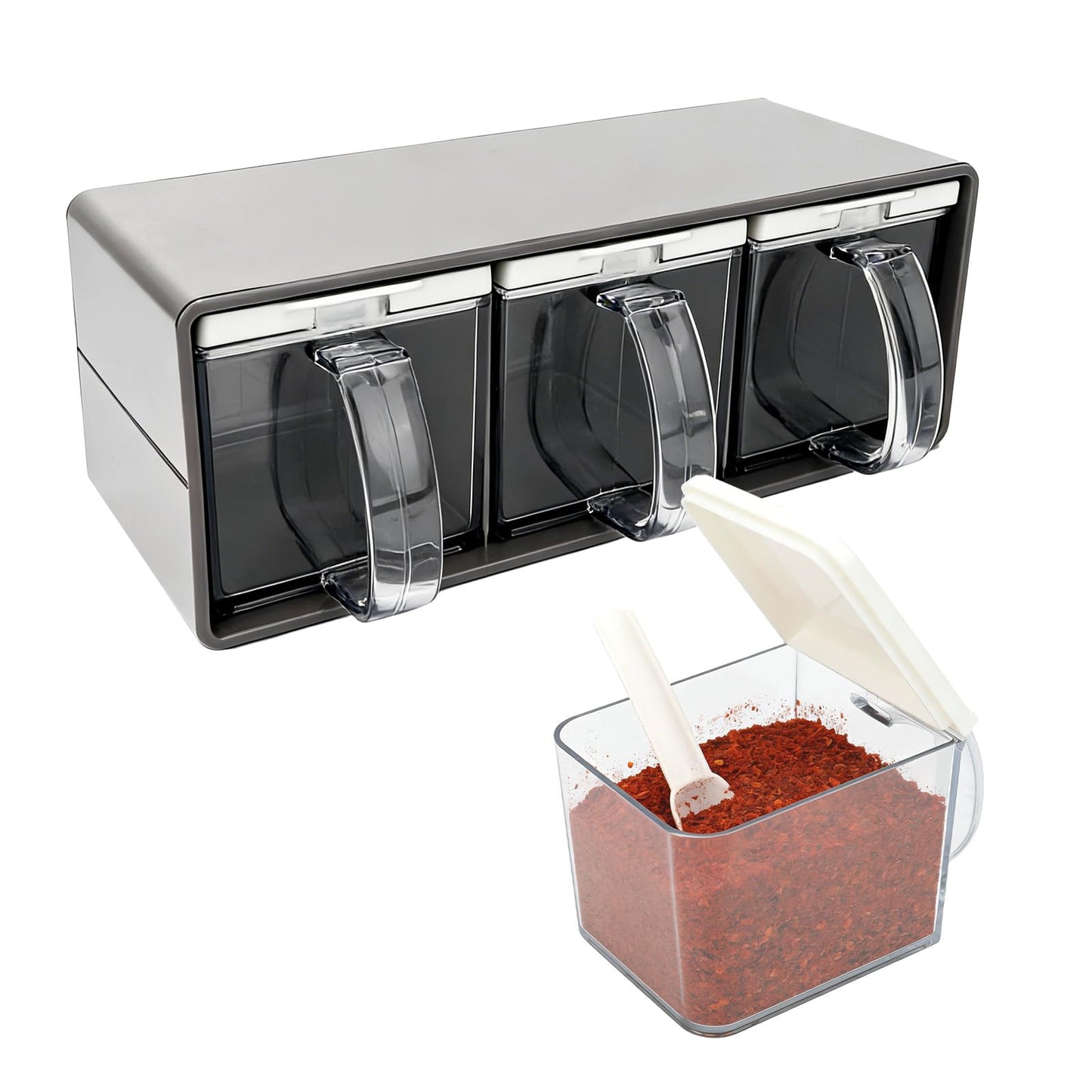 yaenoei 3 Grids Seasoning Organizer Box, Stainless Steel Spice Containers with Lid and Spoon, Storage Rack for Salt, Sugar, Pepper, Spices, Suitable for Home Kitchen and Cafe Use