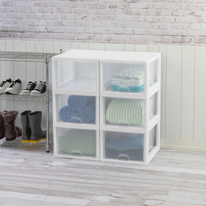 Sterilite 16-Pack 27 Quart Stacking Drawer, Clear Storage Closet Organizer, White Frame - Stackable Modular Plastic Drawers for Clothes, Accessories, Craft Supplies, Shoes or Linens