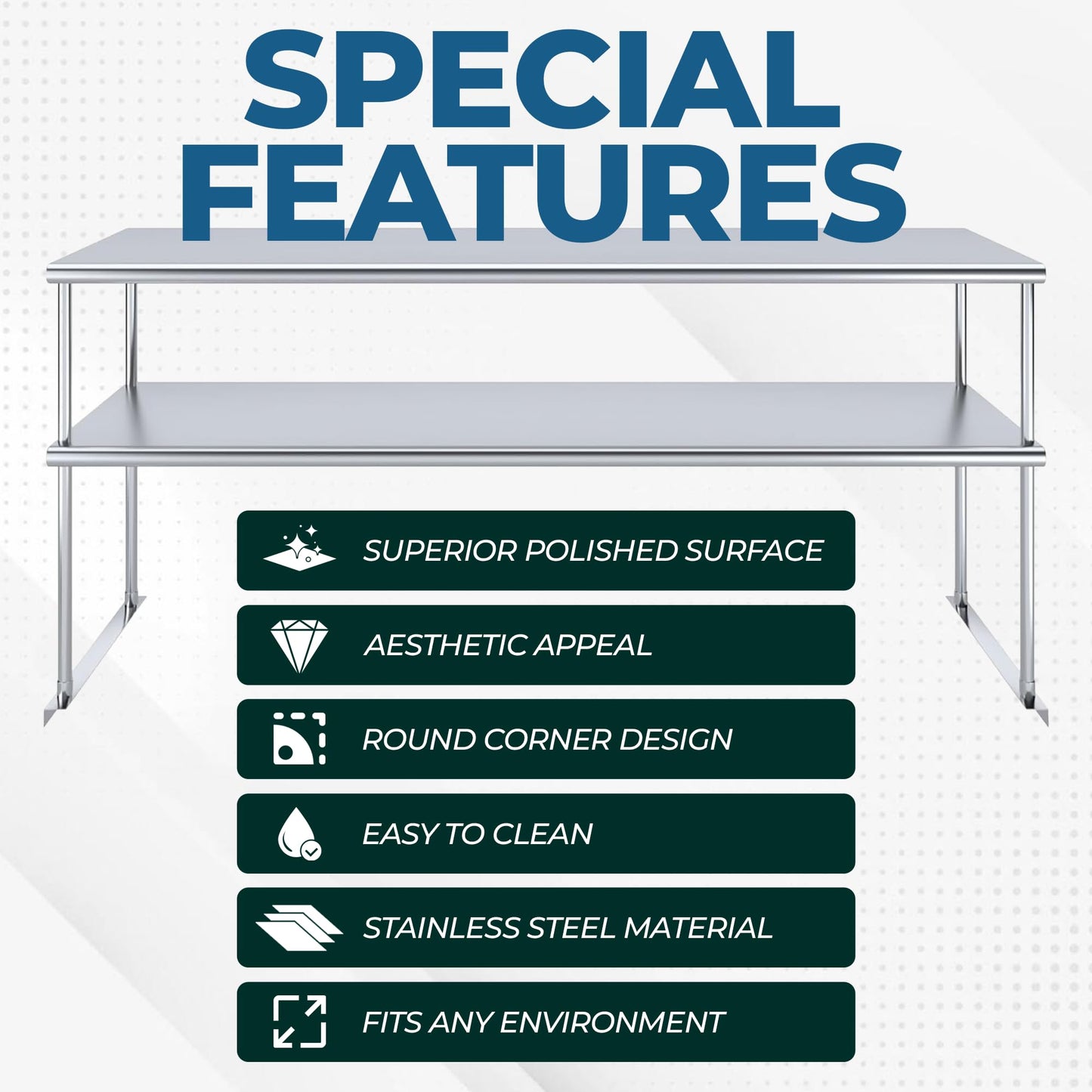 KPS Stainless Steel 2-Tier Overshelf – 14" x 48" NSF Certified Adjustable Double Shelf for Commercial Kitchen Prep Tables