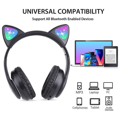 TCJJ Kids Wireless Headphones - Cat Ear LED Light Up, Bluetooth 5.4, Safe Volume Limit, Noise Cancelling with Mic & TF Card for Girls Boys Toddlers School (Black)
