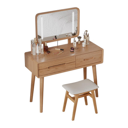 DONGMUWUJEE Solid Wood Vanity and Vanity Stool Bundle, Vanity Set with Mirror and Lights and Stool, Wood Vanity Desk and Chair Set, Makeup Vanities & Vanity Benches (Vanity 39.4 inch Wide, Natural)