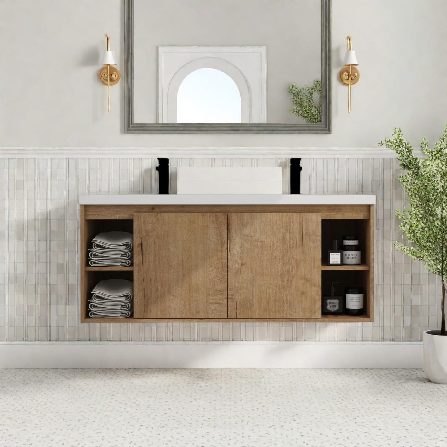 Trygoal Floating Bathroom Vanity, 48" Bathroom Storage Cabinet with Double Resin Sinks, 2 Soft-Close Doors & 4 Open Storage Shelves, Modern Wall-Mounted Vanity with 45° Bevel Handles, Oak