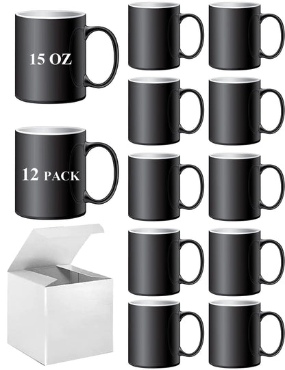 ABBSH Color Changing Mugs, Sublimation Mugs Black Color Changing Coffee Mugs Heat Sensitive Coffee Mugs Tazas Magicas Para Sublimacion 15 OZ With Box Set of 12