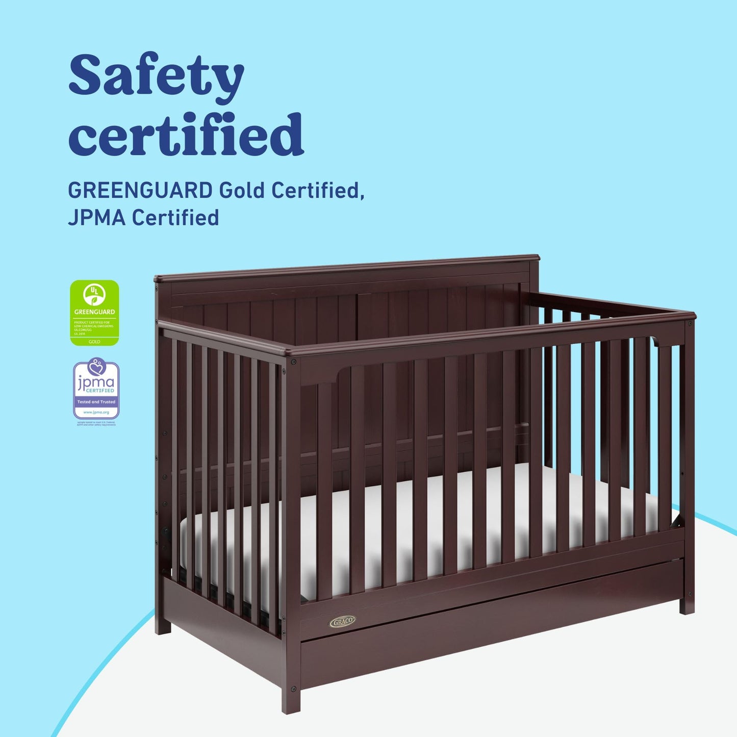 Graco Hadley 5-in-1 Convertible Crib with Drawer – GREENGUARD Gold Certified, Fits Standard Crib Mattress, Converts to Toddler Bed, Daybed and Full Bed, 4 Adjustable Mattress Heights (Espresso)