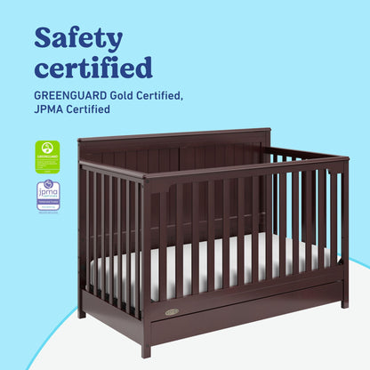 Graco Hadley 5-in-1 Convertible Crib with Drawer – GREENGUARD Gold Certified, Fits Standard Crib Mattress, Converts to Toddler Bed, Daybed and Full Bed, 4 Adjustable Mattress Heights (Espresso)