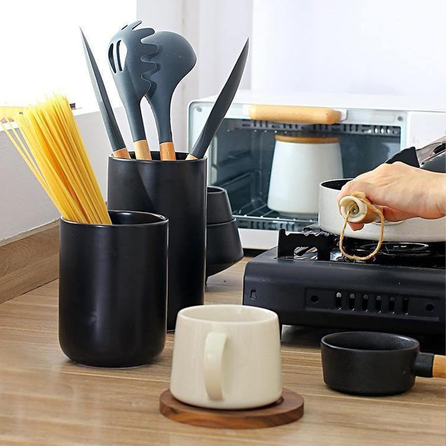 Ceramic Kitchen Utensil Holder for Countertop - Matte White, Space Saving Compact Rack for Cooking Utensils (#1)