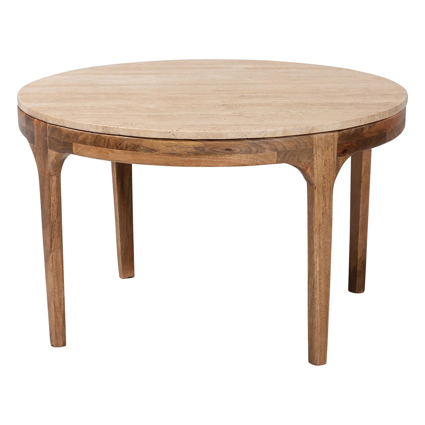 Baxton Studio Prospero Round Travertine Coffee Table - Modern Accent Table with Mango Wood Frame for Living Room or Seating Areas