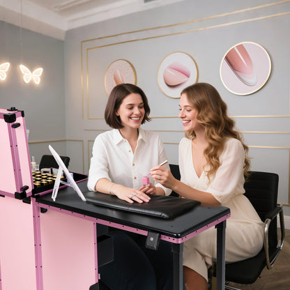 Rolling Portable Manicure Table with 3 Drawers, Lockable Makeup Train Case with Detachable Mirror, Foldable Nail Desk with Wheels & Handle, Mesa de Uñas Profesional para Nail Techs & Salon Use, Pink