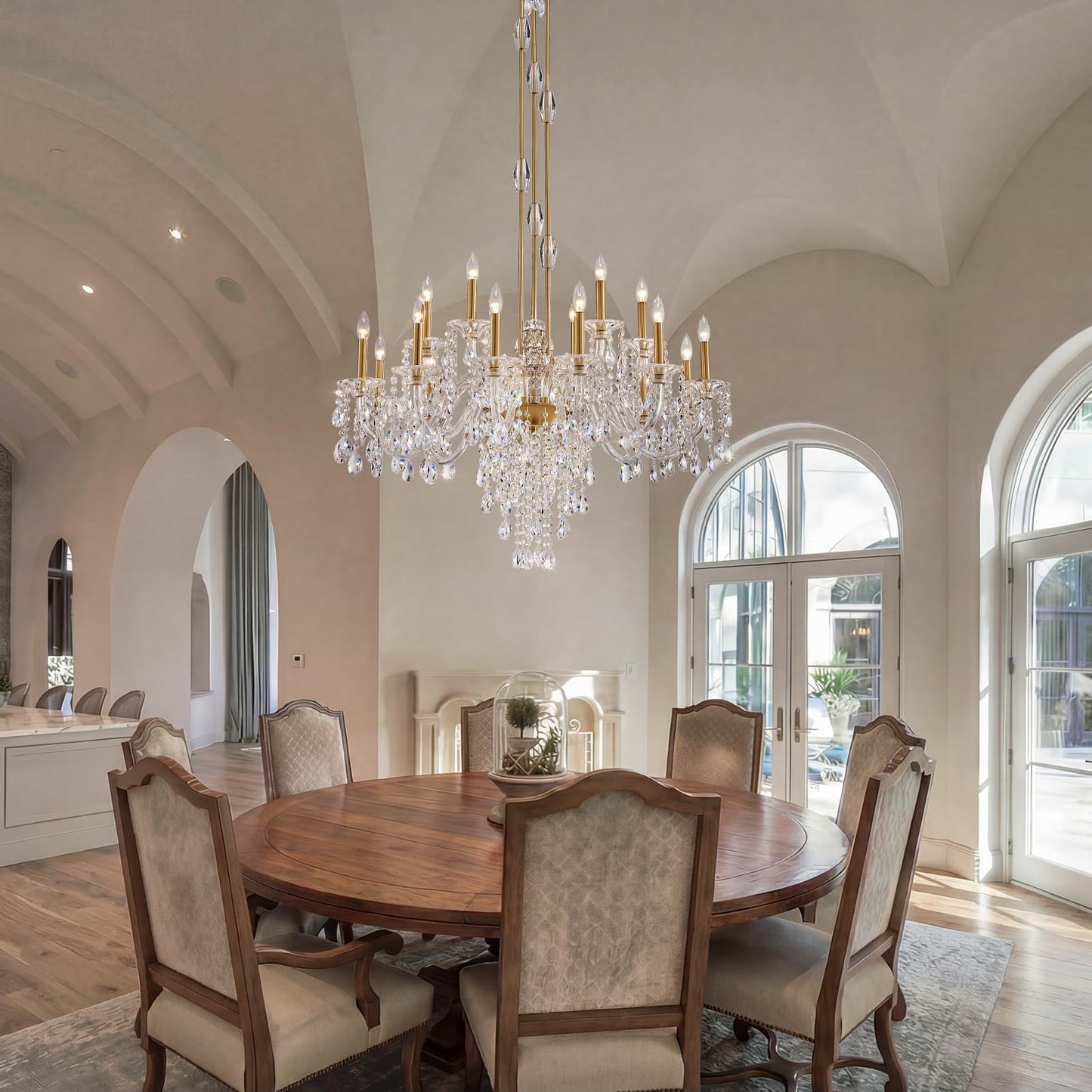 Duluyiee 18-Light Crystal Candle Chandelier, Brass Gold Chandelier for Foyer, Staircase & High Ceiling Living Room, Adjustable Height, E12 Base