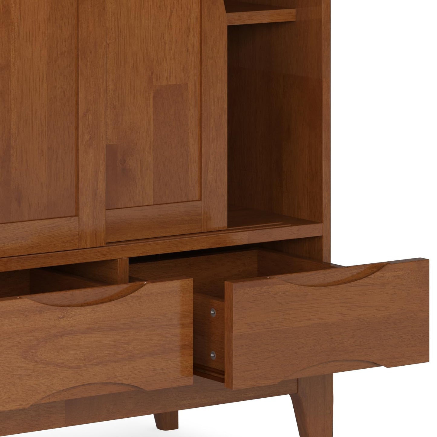 SIMPLIHOME Harper Medium Storage Cabinet - 48 inch Wide Solid Hardwood Sliding Door Cabinet in Teak Brown, Mid-Century Modern Cupboard for Living Room or Entryway with 3 Drawers and Tapered Legs