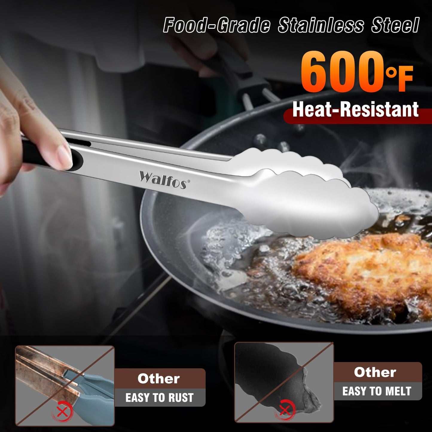 Walfos Stainless Steel Kitchen Tongs for Cooking- 7 ，9 and 12 Inch, Food Grade Metal Tongs for Cooking, BBQ, Set of 3 Heavy Duty Locking Cooking Tongs Non-Slip Grip