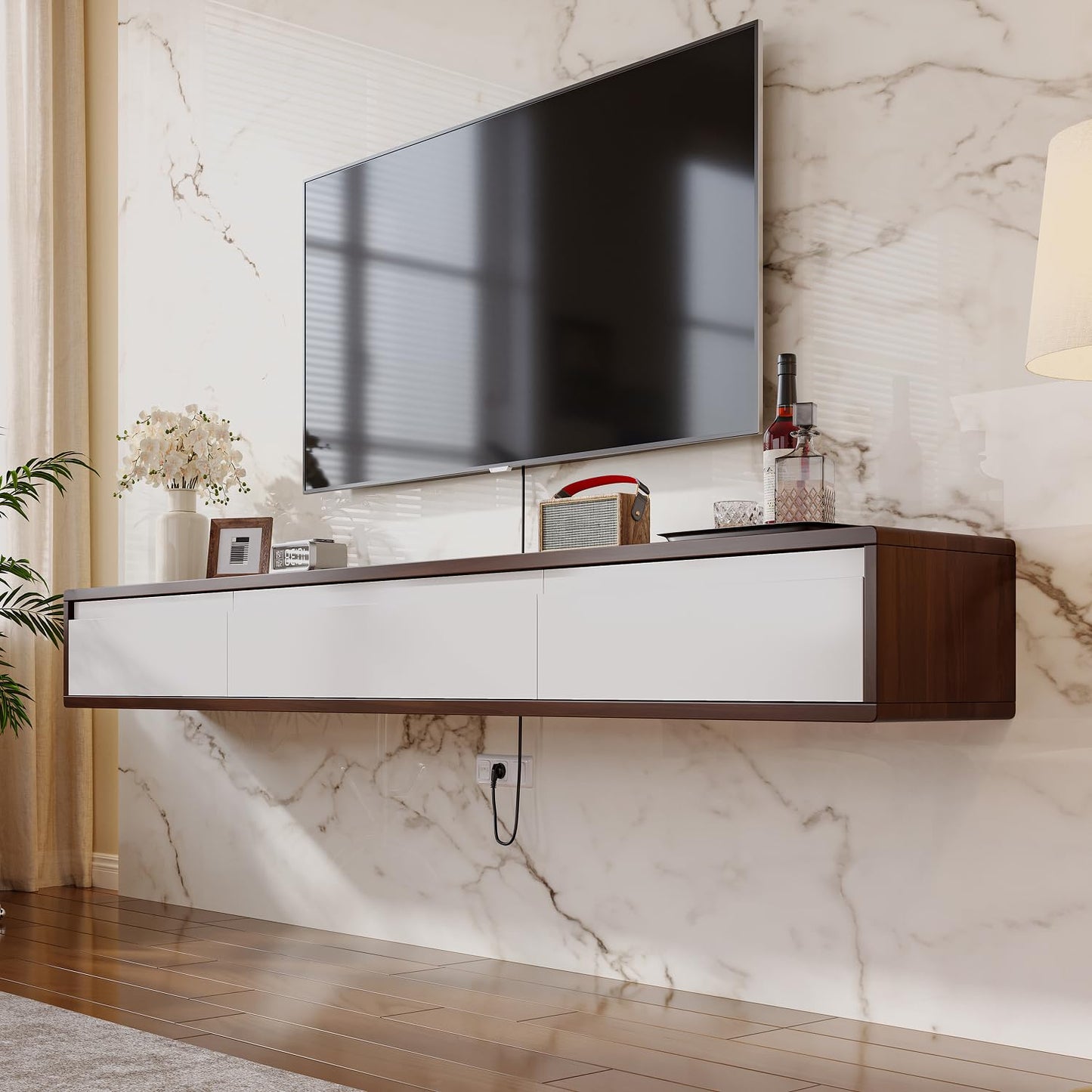 FurniNova Fully Assembled Floating TV Stand, Modern Plywood Media Console with 2 Drawers & 1 Flip Door, Wall Mounted Entertainment Center with High Gloss Finish & Round Edges, 55 inch, Walnut & White