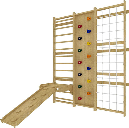 Avenlur Walnut 9-in-1 Swedish Ladder Wall Gym Set - 78.8 Inches - Trapeze Swing, Rope Ladder, Rock Wall, Rope Wall, Rock Ramp Climber, Slide, Pull-up Bar, Ladder and Swing