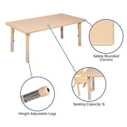 BizChair 24" W x 48" L Rectangular Natural Plastic Height Adjustable Activity Table Set with 6 Chairs