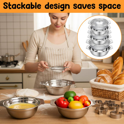 7Pcs Stainless Steel Colander Set, Rice Strainer with Mixing Bowl, 3/4/5QT Large Capacity Microporous Colander with Handle, Mesh Strainer for Washing and Draining Vegetables, Fruit, Dishwasher Safe