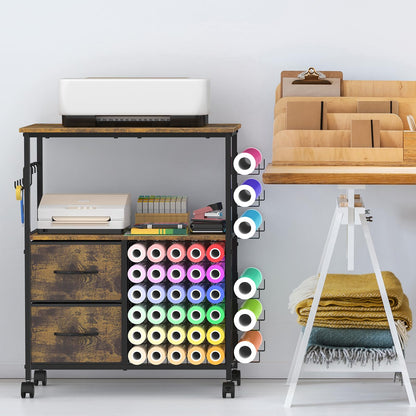 Craft Table Compatible with Cricut Machines Rolling Craft Storage Cart with Vinyl Roll Holders, Crafting Table Workstation with 2 Fabric Drawers, Locakable Wheels, Rustic Brown