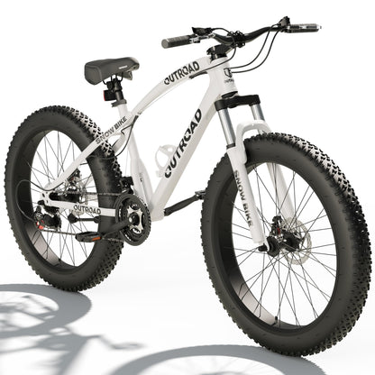 Incbruce 26 Inch Fat Tire Mountain Bike, High Carbon Steel Frame, 21 Speed MTB with Dual Disc Brakes for Men/Women/Adults (White)