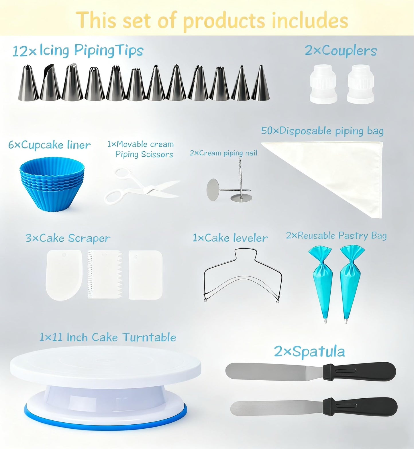 82 Pcs Cake Decorating Kit with Non-Slip Turntable, Stand,Leveler, 12 Piping Nozzles, Spatulas,Cupcake, 2 Reusable & 50 Disposable Bags,Complete Starter Set for Beginners & Home Bakers
