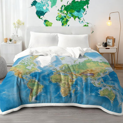Sleepwish World Map Sherpa Fleece Throw Blanket, Soft Thick Plush Blue Blanket Vivid 3D Print Map of The World Blankets Gifts for Teens Kids Boys Girls 50x60 Inches