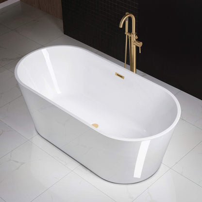WOODBRIDGE 67" Acrylic Freestanding Bathtub Contemporary Soaking White Tub with Brushed Gold Overflow and Drain，B0013 -BG-Drain &O