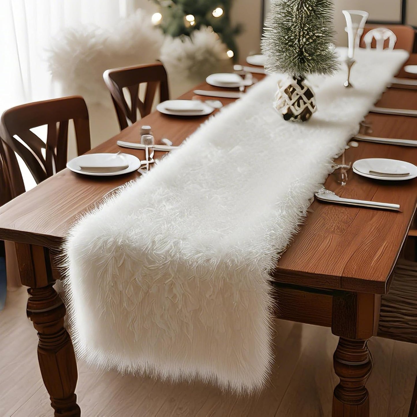 12x35 inches) Faux Fur Table Runner,Table Runner for Soft Luxury Winter Decor Xmas White Decorations,Party Birthday