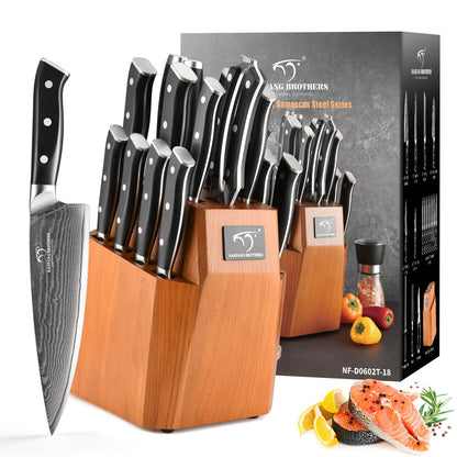 Knife Block Set, 18-Piece Damascus Kitchen Knife Sets with VG10 Core Blades, 67-Layer Damascus Steel, ABS Ergonomic Handle, Compact Knife Block Design, Suitable for Placement in Small Spaces