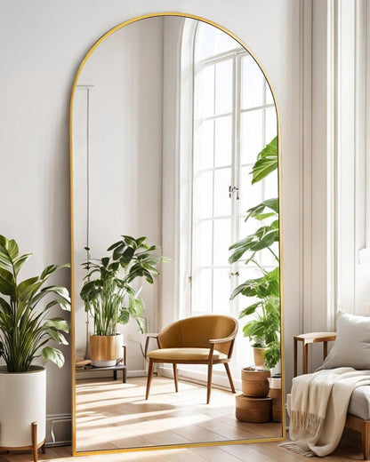 DYNWELL Arched Full Length Mirror, Floor Mirror with Stand, 90"x46" Large, Oversize, Gold