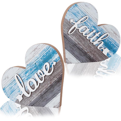 GORGECRAFT 2Pcs 2 Styles Small Wooden Heart Decor Rustic Farmhouse Table Centerpieces Love Faith Sign Table Decoration for Dining Room Shelf Housewarming Gifts Bedroom Office New House