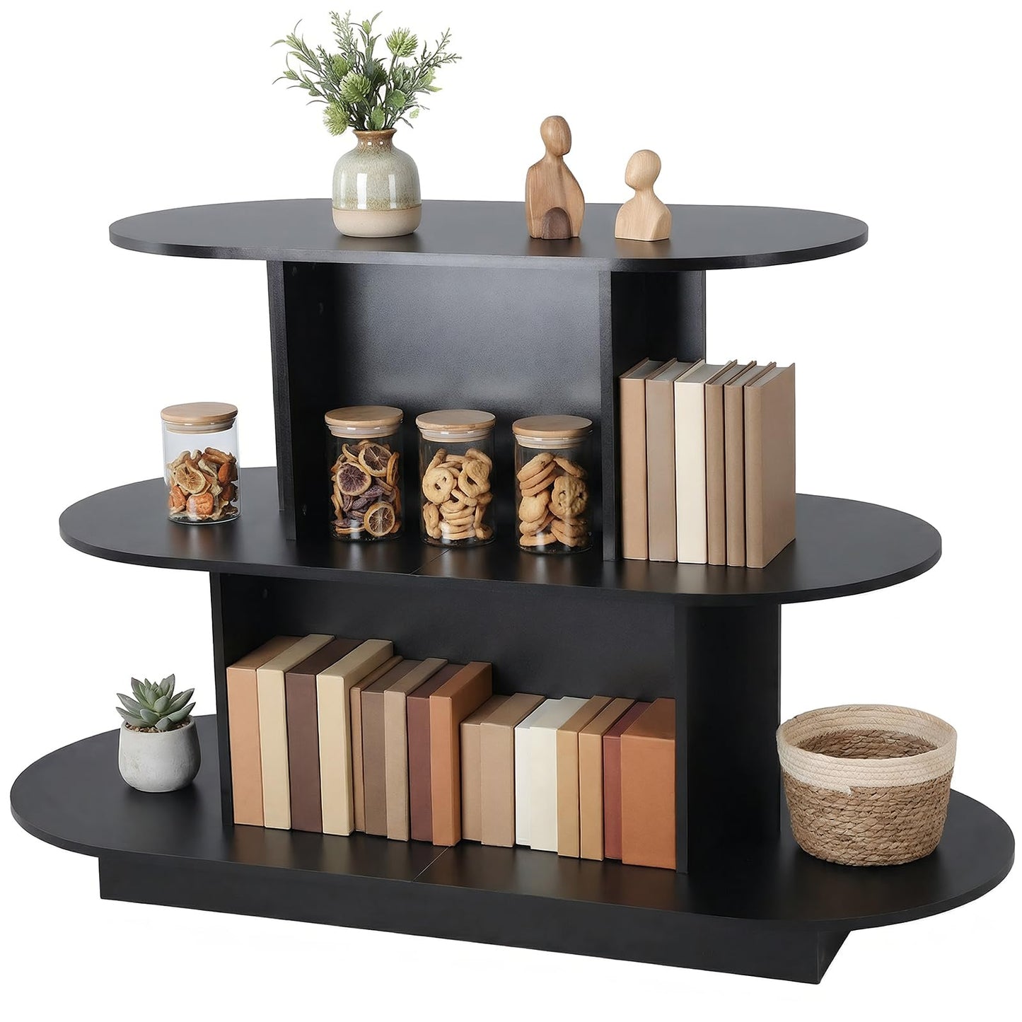 FASDRESS 3 Tier Wooden Oval Display Table Modern Standing Display Riser Shelf Retail Table for Stores Vendor Events 55in W x 23.6in D x 35in H (Black)