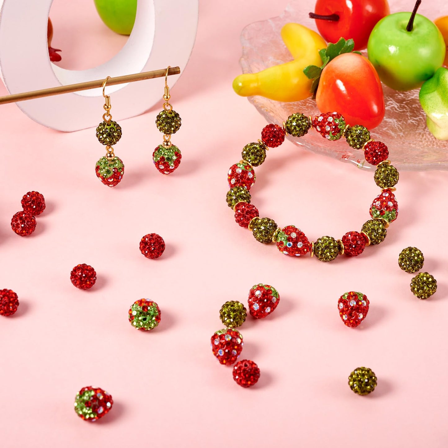 KISSITTY 40Pcs Strawberry Polymer Clay Beads Bracelet Making Kit Crystal Round Rhinestone Beads Colorful Disco Ball Bead with Elastic String for Bracelets Necklaces Jewelry Making Supplies DIY Crafts