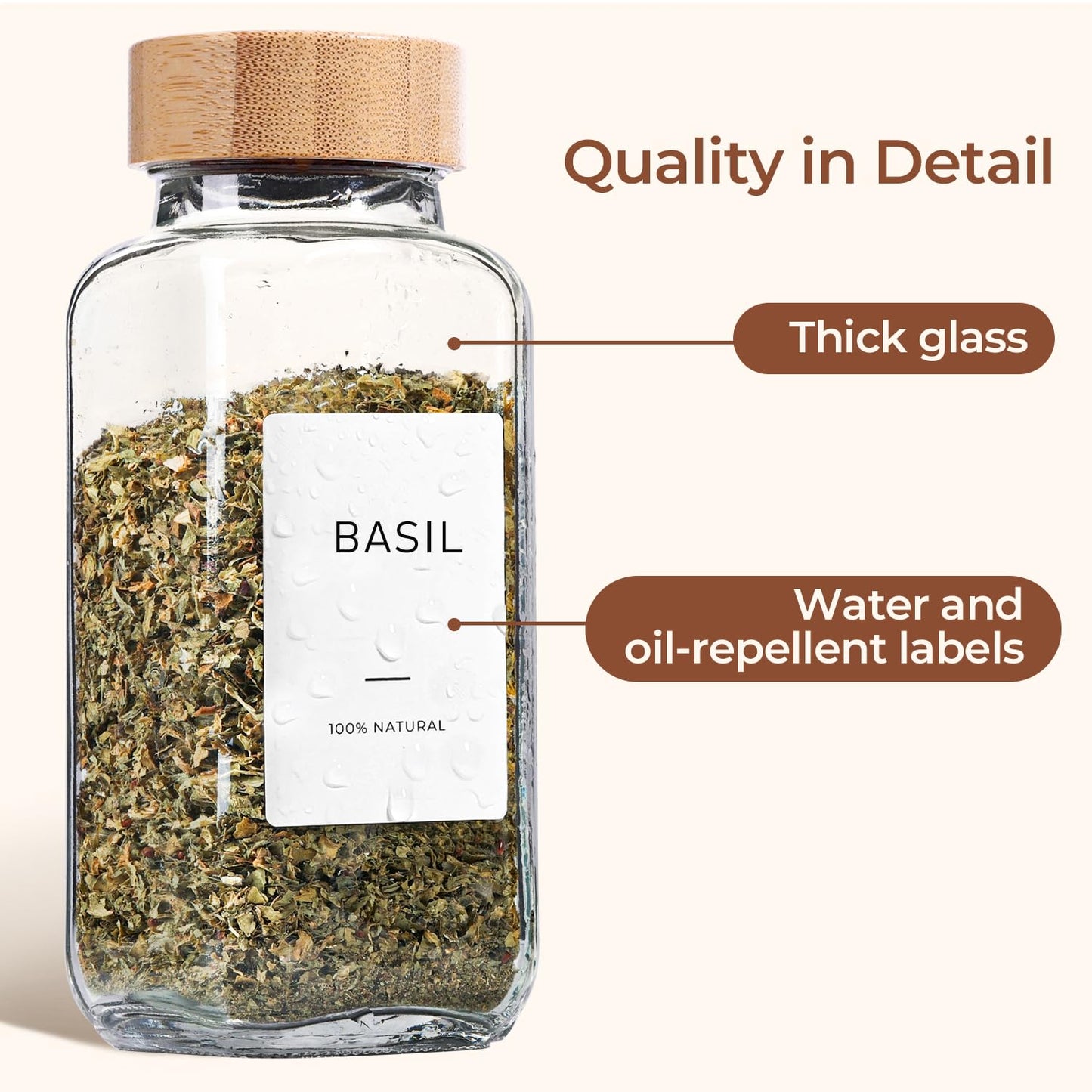 ComSaf 8 oz 6Pcs Glass Spice Jars with Label, Empty Spice Containers with Bamboo Lids, Square Seasoning Containers Trial and Supplement Set, Small Seasoning Bottles for Salt, Herbs, Sugar, Pepper
