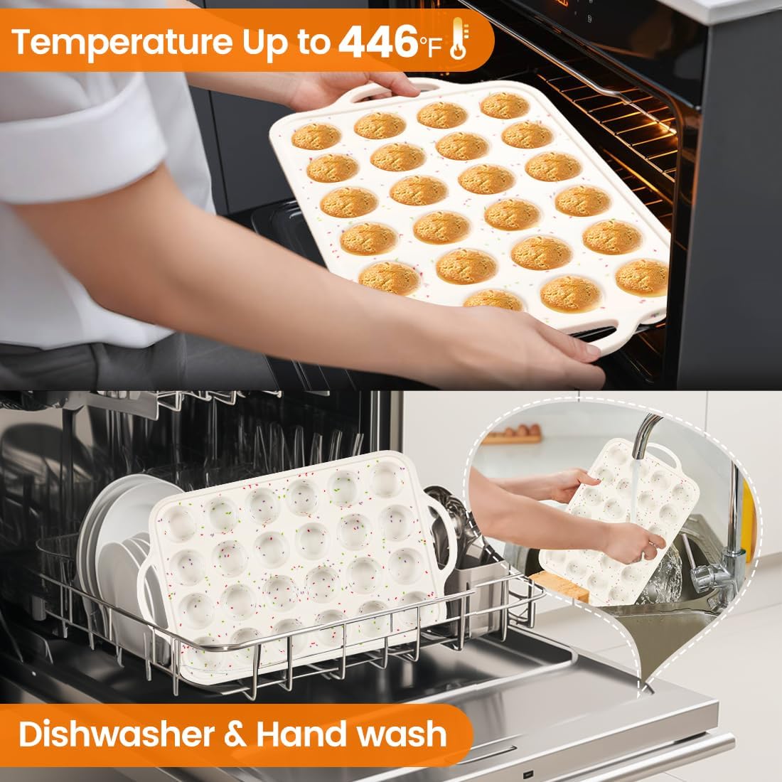 Muffin Pans with Metal Reinforced Frame - 24-Cups Durable Silicone Baking Pan for Muffins, Cupcakes, Set of 2