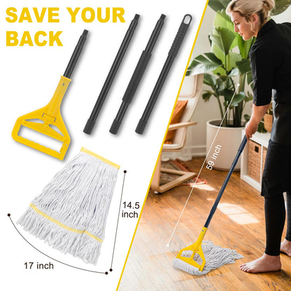 Commercial Mop with 3 Extra Large Replacement Heads,59" Long Handle Heavy Duty Industrial Mops for Floor Cleaning,Looped-End String Wet Cotton Mop for Home,Kitchen,Office,Garage,Concrete/Tile Floor