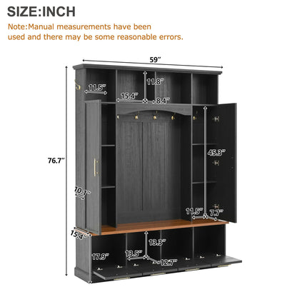 Merax 59" Farmhouse Hall Tree with Golden Hooks & Walnut Bench, Entryway Organizer with Adjustable Shelves, Shoe Storage, Anti-Tip for Mudroom, Living Room, Black