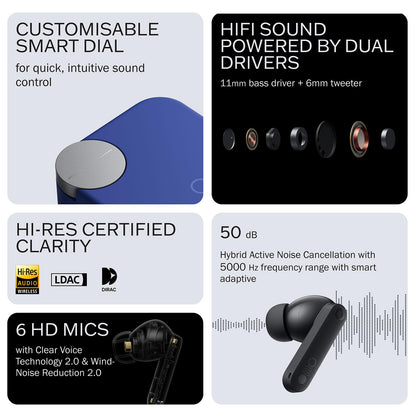 CMF Buds Pro 2 Wireless Earbuds with Smart Dial, 50dB Hybrid Noise Cancelling Earbuds Wireless Bluetooth 5.3, 11mm Bass with LDAC, 6 Hi-Res Audio Mics, 43H Playtime, Fast Charging Case, Blue
