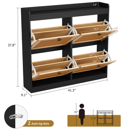 Garvee Shoe Storage Cabinet with 4 Deep Flip Drawers, Wood Shoe Cabinet with Rattan Doors and Adjustable Shelves- Freestanding Shoe Organizer for Entryway, Hallway (Black, 4 Drawers- 2PCS)