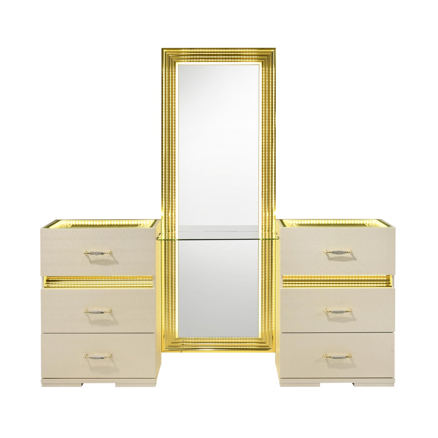 Furniture of America Mynar Modern Solid Wood 6-Drawer Makeup Vanity Set with Stool and LED Light, Dressing Table with Mirror, for Bedroom, Guest Room, Beige