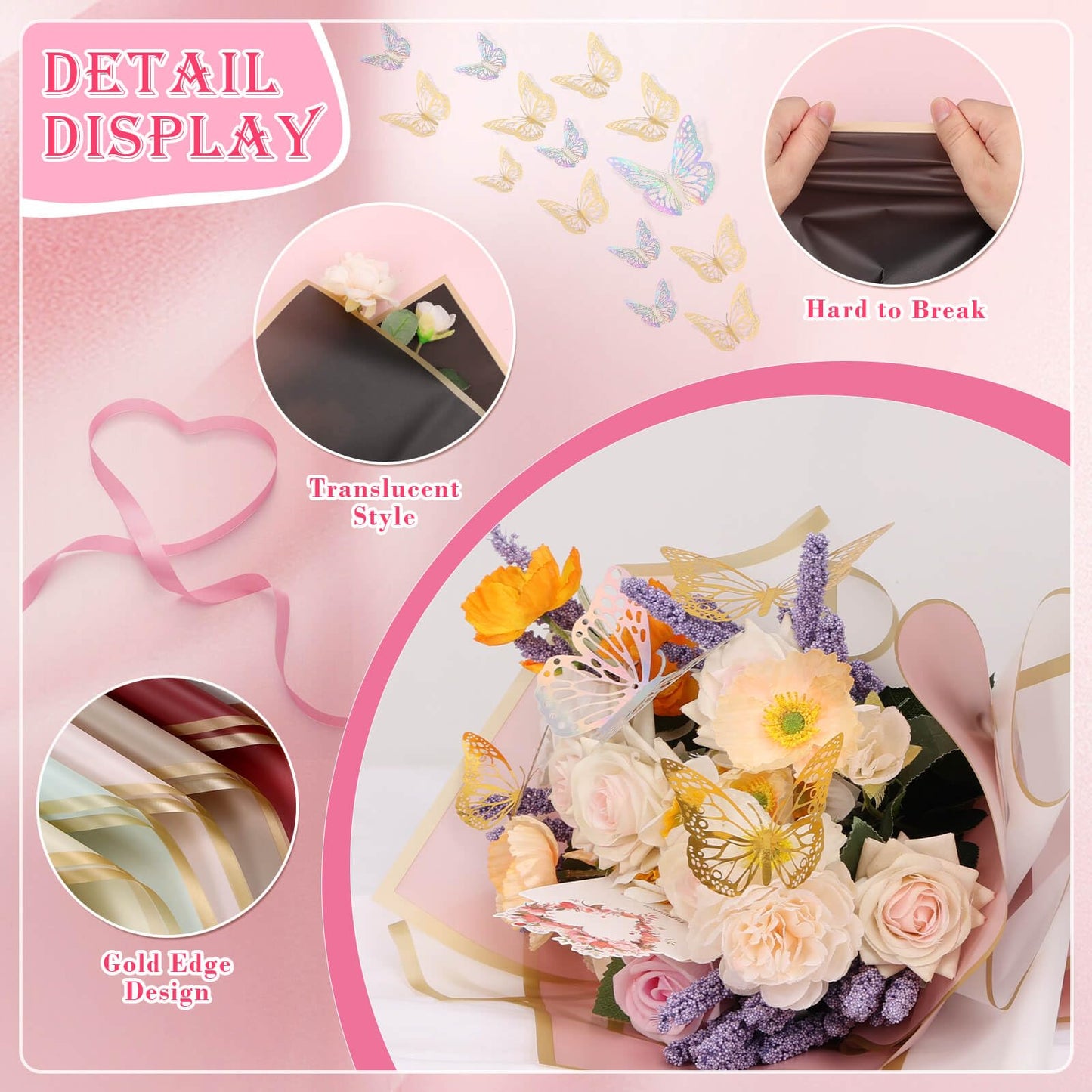 Thrilez 187PCS Flower Bouquet Wrapping Paper Kit Includes 40 Floral Paper, 24 Butterflies, 100 Bouquet Pins, 3 Ribbons and 20 Greeting Cards for Mother's Day Wedding Baby Shower Graduation