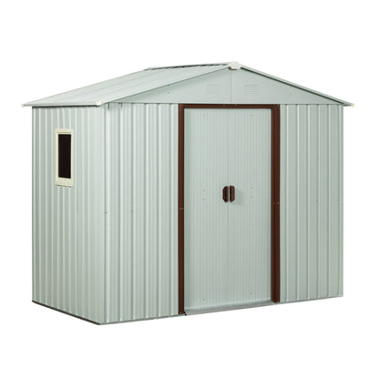 Favfurish 8 x 4 FT Outdoor Storage Shed with Side Window, Metal Garden Shed w/Sliding Doors & Lock, Floor Base and Air Vents, Utility Tool Storage House for Backyard Lawn, White