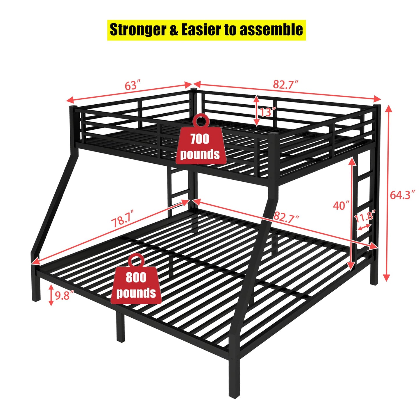 NOAHLEO Stronger & Safer Heavy Duty Metal Queen Over King Size Bunk Bed for Adults Teens, More Stable Thickened Steel Bunkbed (Queen Over King)
